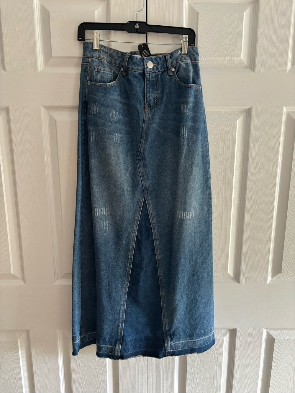 Fashion Nova Blue Denim Maxi Skirt with Center Front Slit
